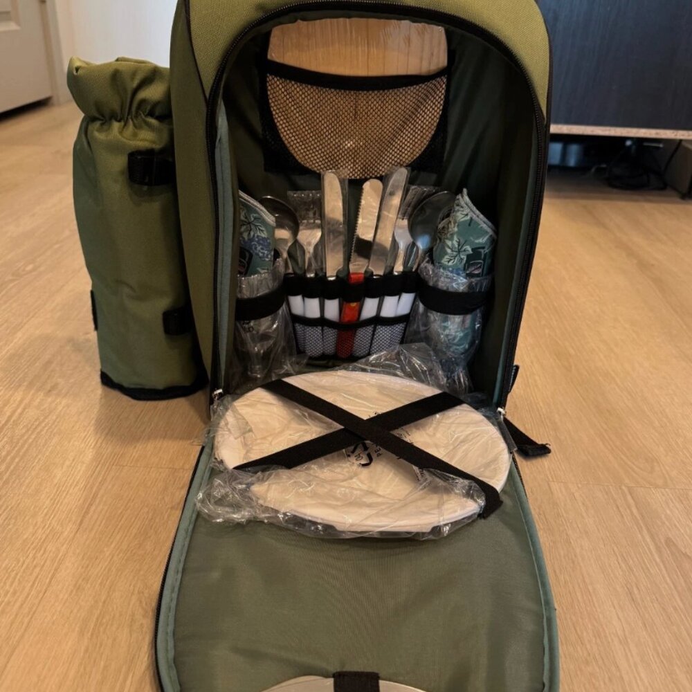 Primeware Alpine Picnic Backpack Set for 2 Olive Green Insulated Wine Tote